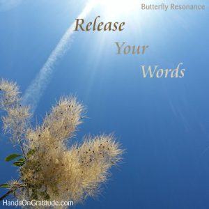 Butterfly Resonance Image: Macro photo of smoke tree bloom light by bright sun against blue sky, with the message to Release Your Words.