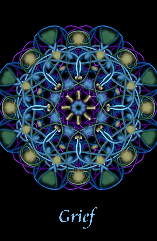 The soft deep dark tones of grief transformed with kaleidoscope wands into a mandala for healing and comfort.