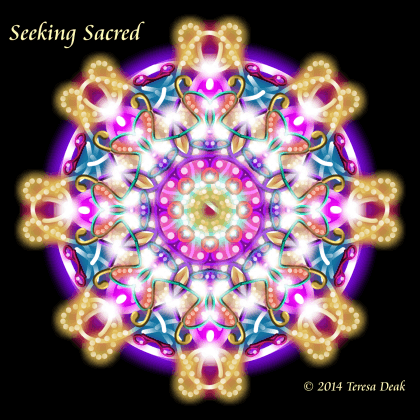 Mandala written with kaleidoscope wands with the glows with the essence of Seeking Sacred. Mandala created by Teresa Deak.