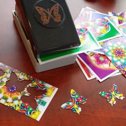 Creating the butterflies for energy work begins with printing Essence Mandalas and cutting them into colourful butterflies.