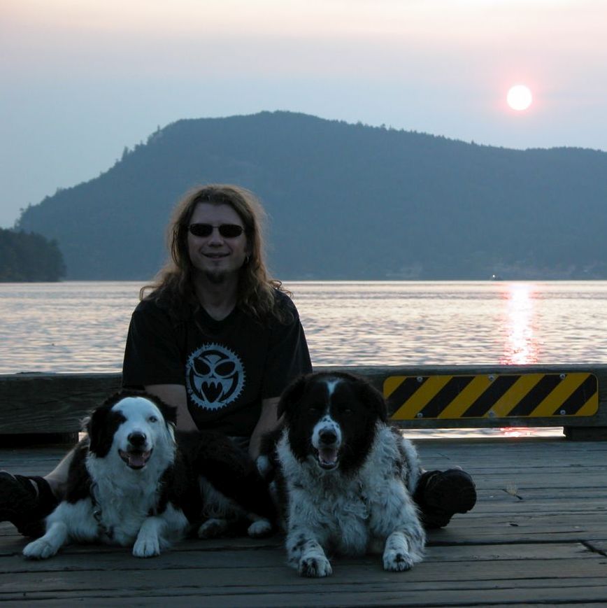 John Deak with Diva and 'Cuda on holiday on Mayne Island, BC back in 2003.