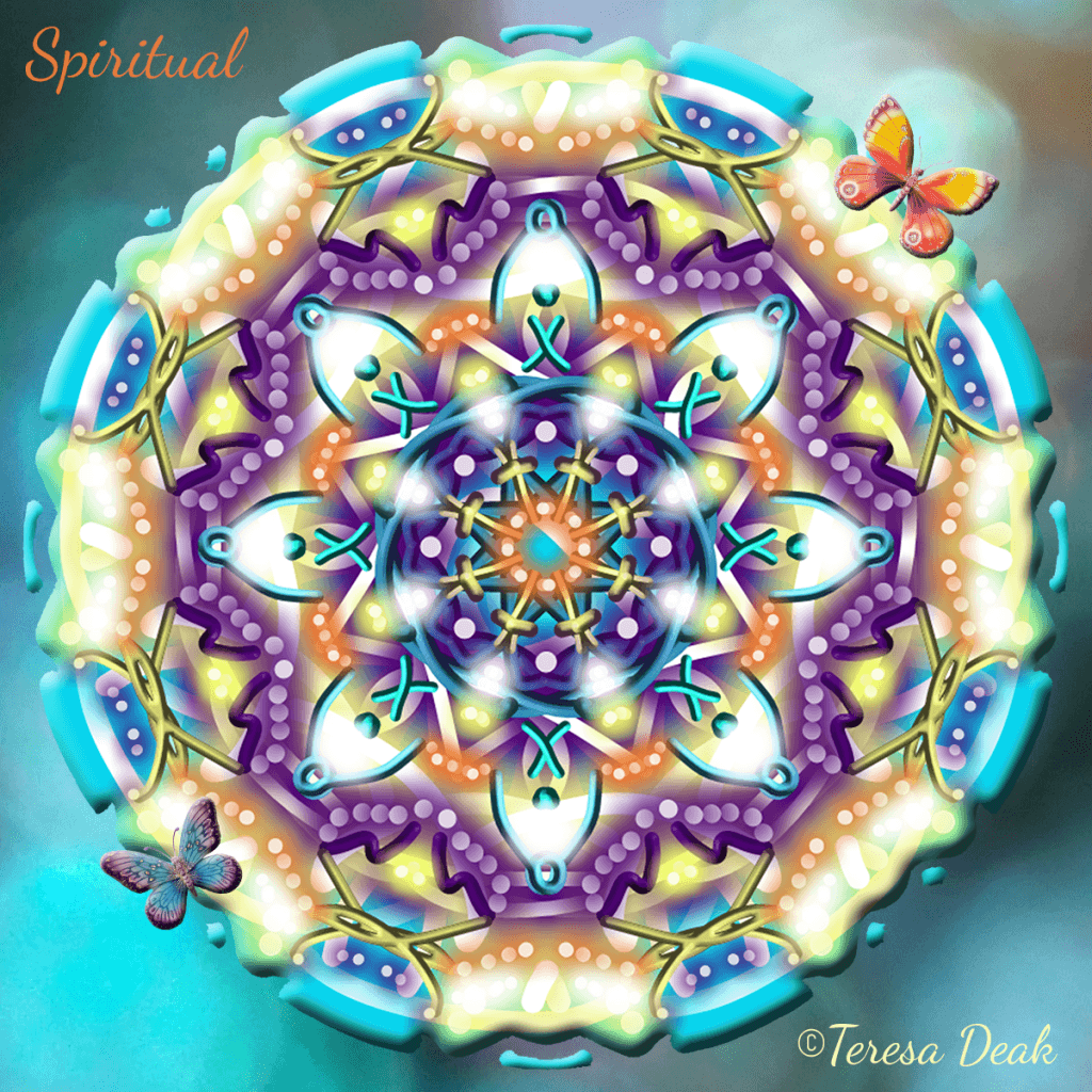 It's the #MondayMandala with layers of essence: Spiritual with Butterflies on shimmers of Peacock. All photographs and images created by Teresa Deak.