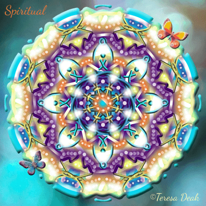 It's the #MondayMandala with layers of essence: Spiritual with Butterflies on shimmers of Peacock. All photographs and images created by Teresa Deak. You are a spiritual being.