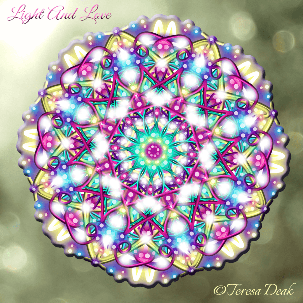 The Essence of Light And Love in a Mandala placed over shimmers of Iron Pyrite, created by Teresa Deak.